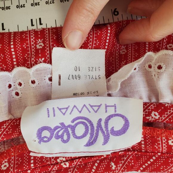 Mako Hawaii Dress Womens 10 Red White Muumuu Eyelet Ruffle Maxi Style 6947 - Picture 8 of 12